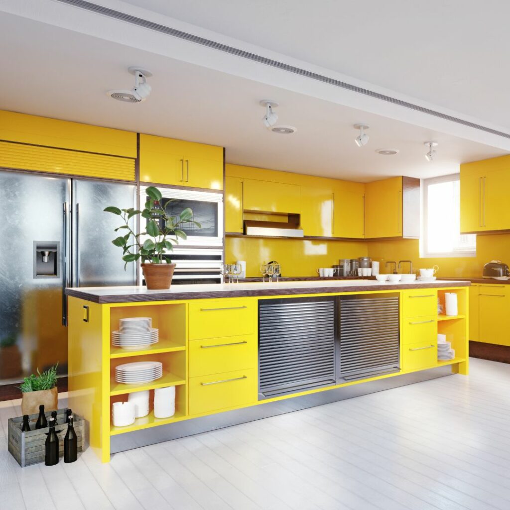 bright yellow kitchen cabinets vinyl wrapped in Dubai