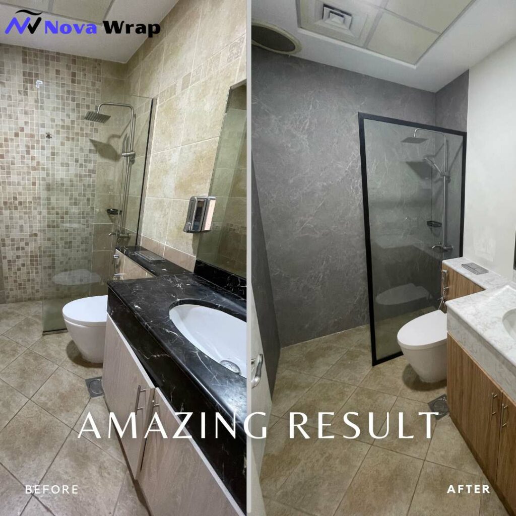 vinyl wrapped bathrom wall tiles in dubai