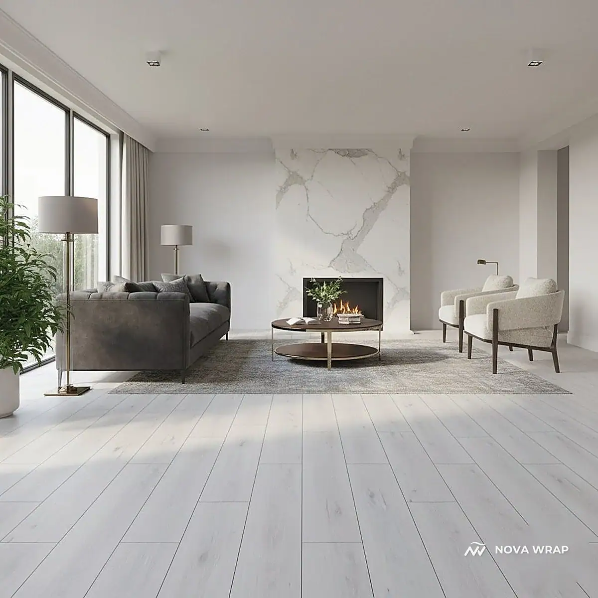 Silver SPC flooring in a Dubai interior